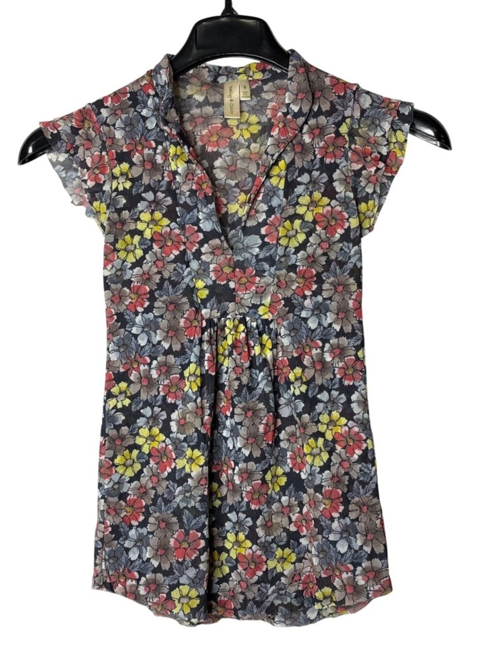 Daisy and Clover Floral Mesh Top S V Neck Flutter Sleeve Multicolor Y2K Vintage